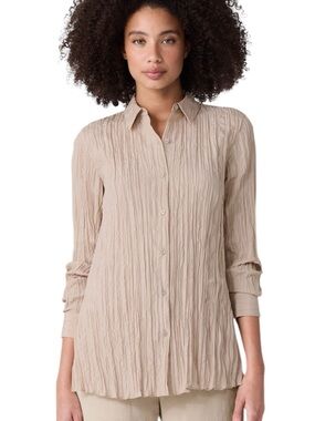 Eileen Fisher Crinkle Silk Habutai Classic Collar Shirt Sz L Wheat NWT